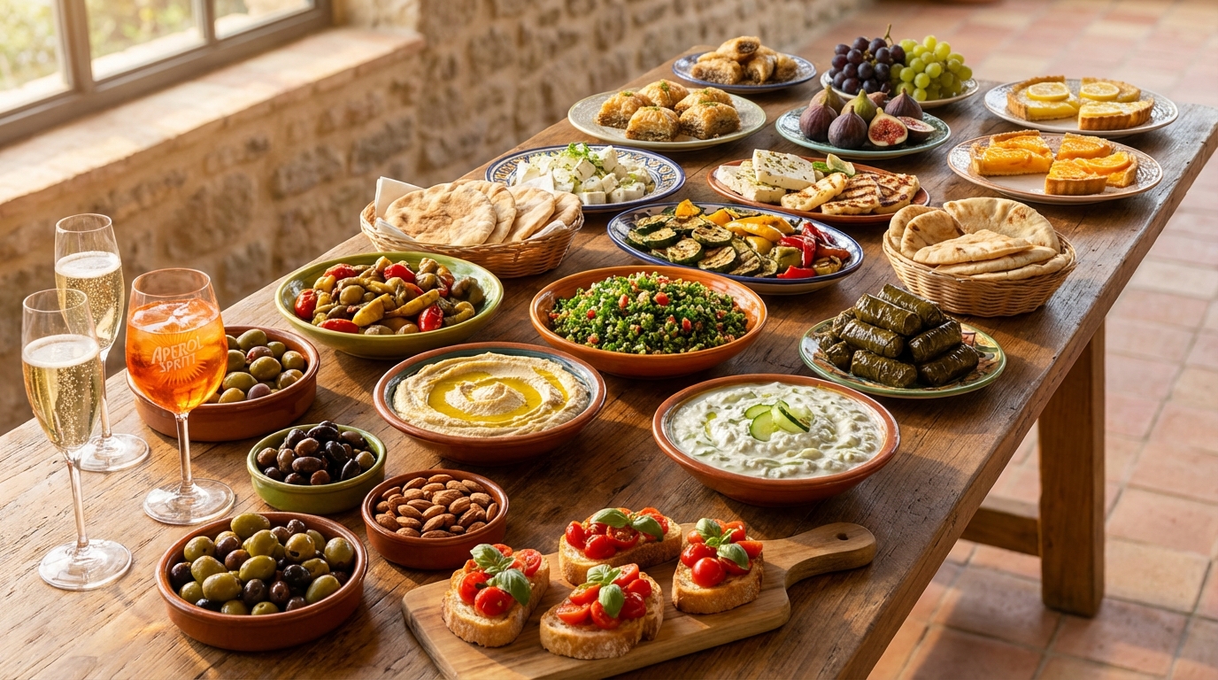 découvrez comment composer un buffet méditerranéen généreux, équilibré et savoureux, couvrant l'apéritif, les entrées et le dessert pour régaler vos invités.
